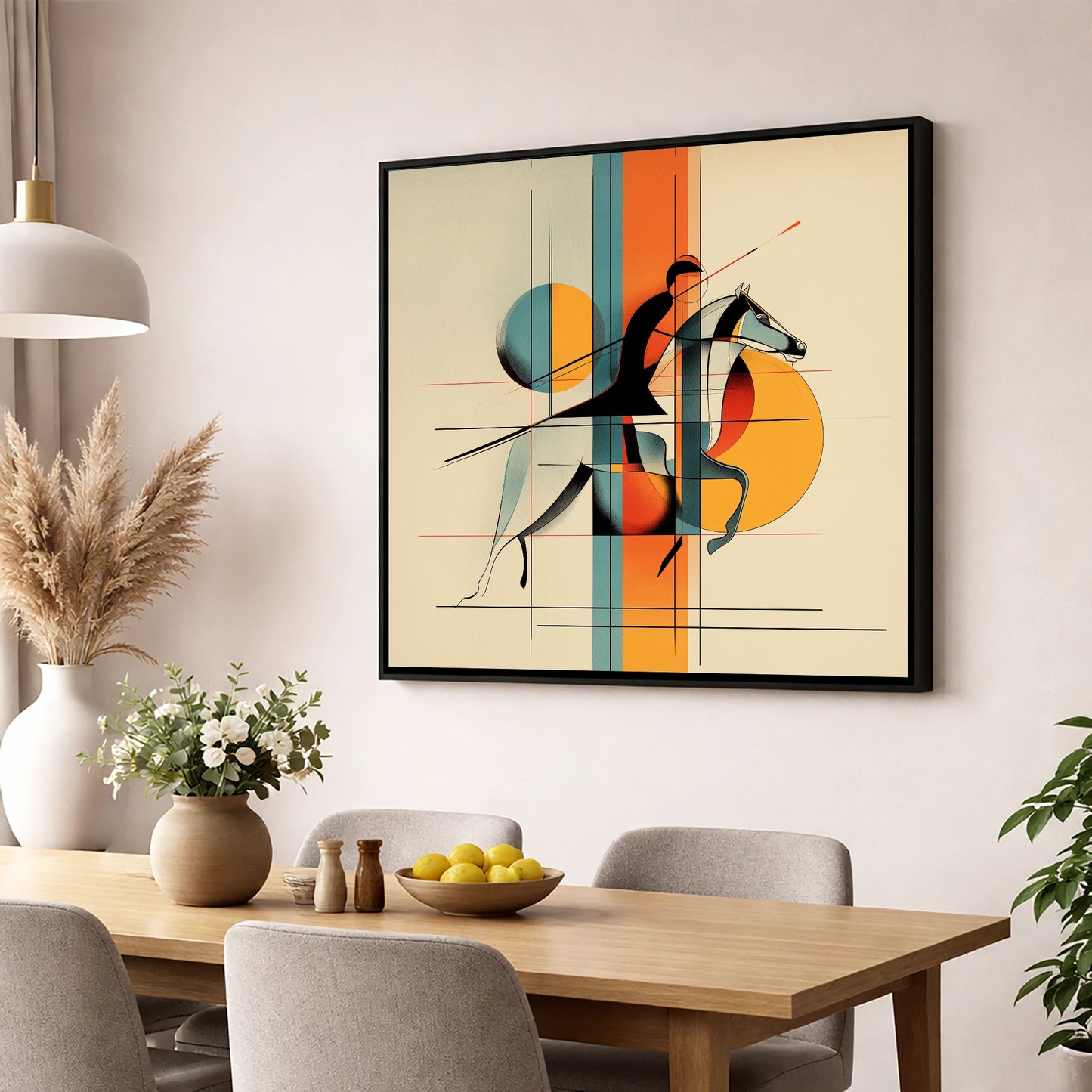 Structured Stride racing horse wall art displayed in a dining room