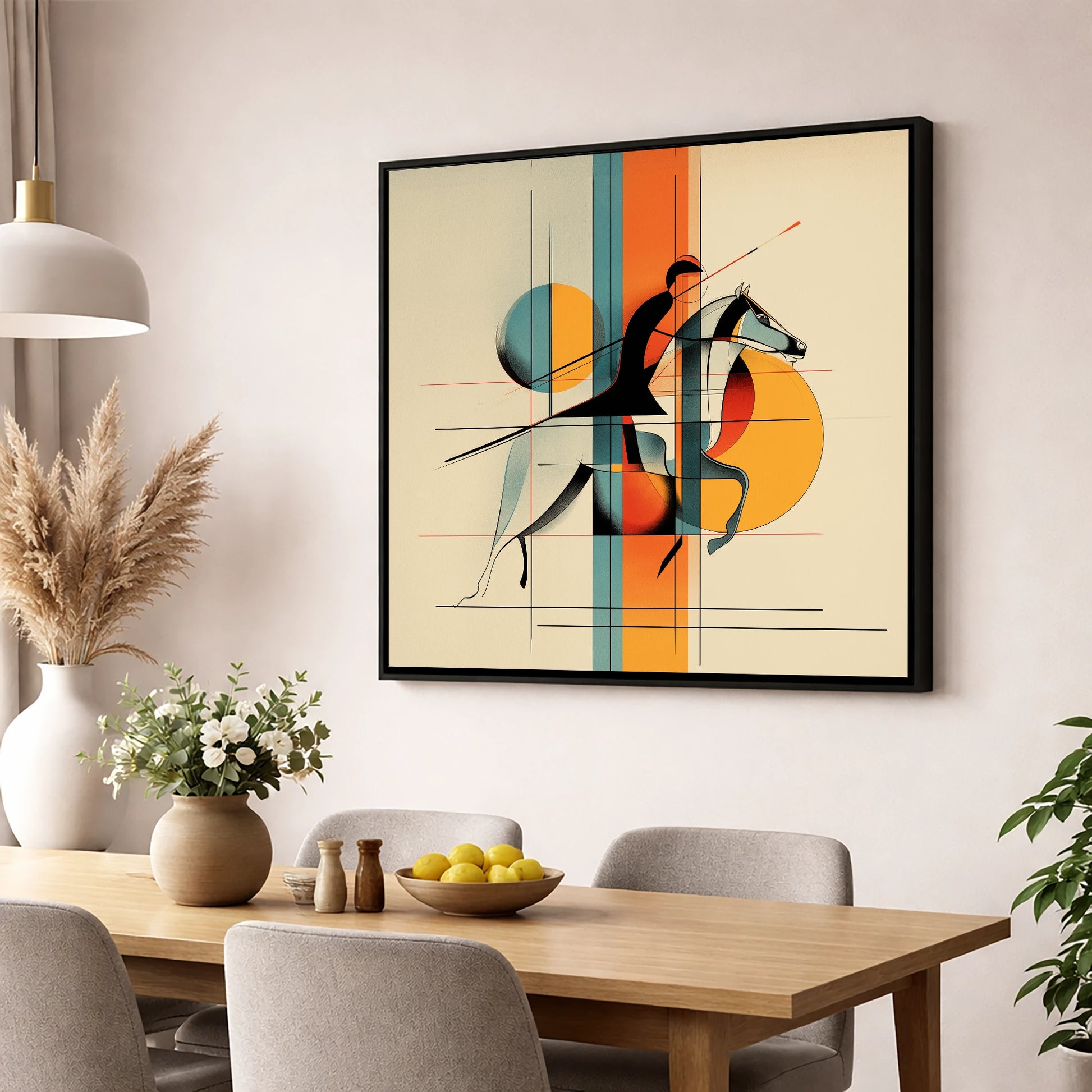 Structured Stride racing horse wall art displayed in a dining room
