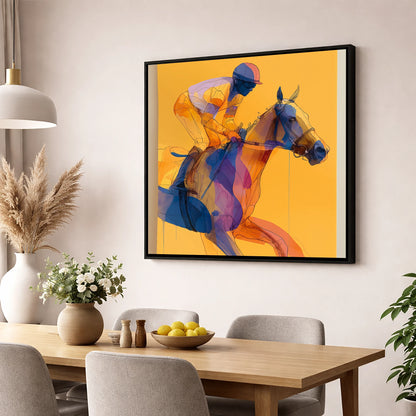 Golden Racing Stride racing horse wall art displayed in a dining room