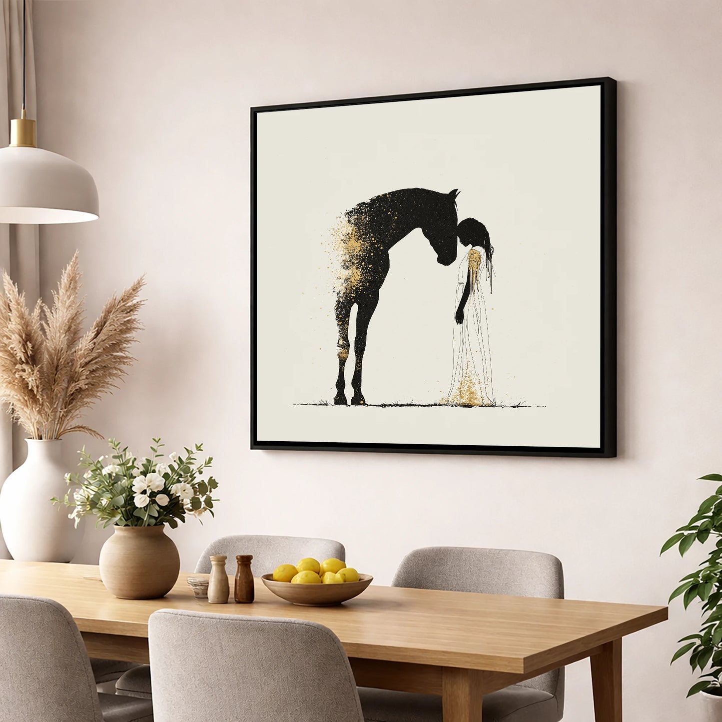 Golden Connection horse & rider wall art displayed in a dining room