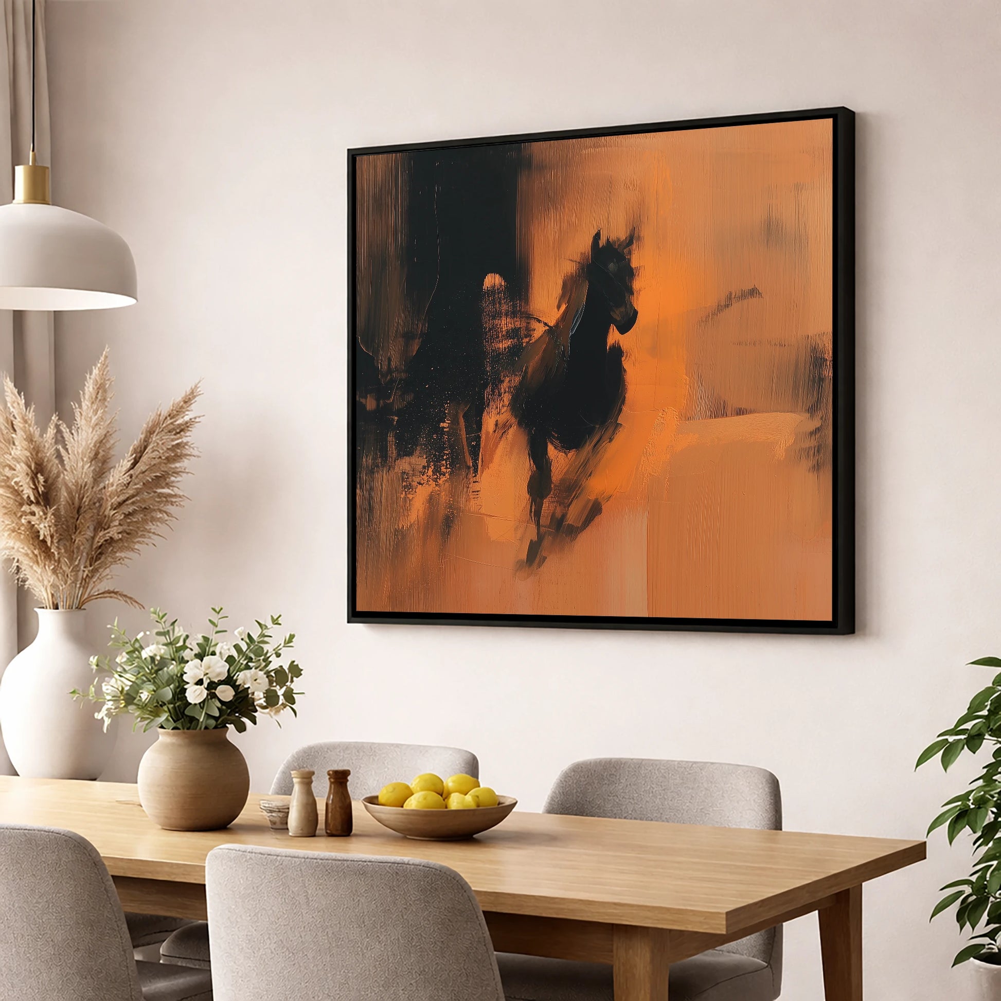 Shadow and Ember horse portrait wall art displayed in a dining room