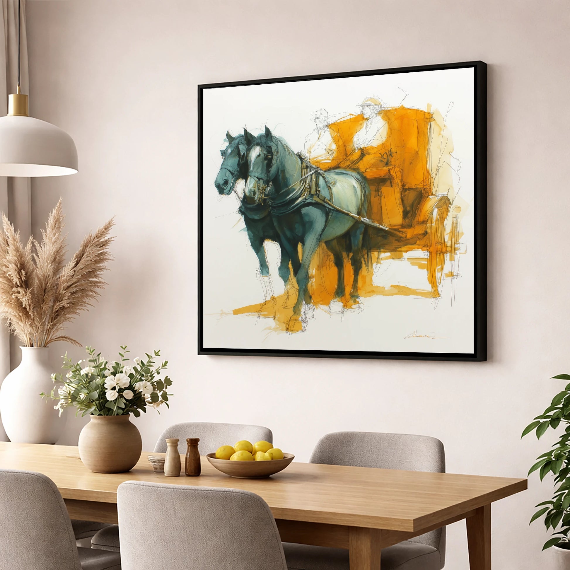 The Amber Carriage Pair working horse wall art displayed in a dining room