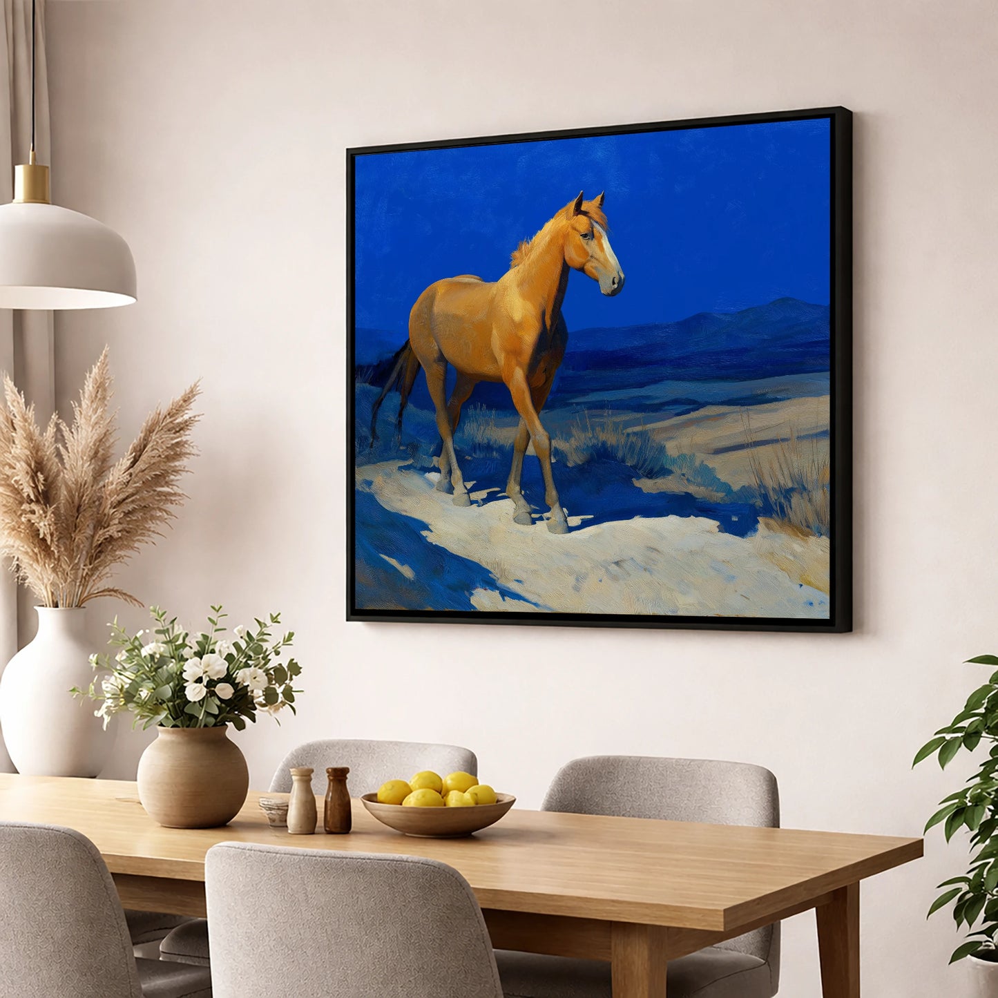 Sunlit Chestnut Stride horse landscape wall art displayed in a dining room
