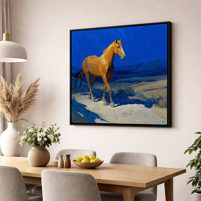 Sunlit Chestnut Stride horse landscape wall art displayed in a dining room