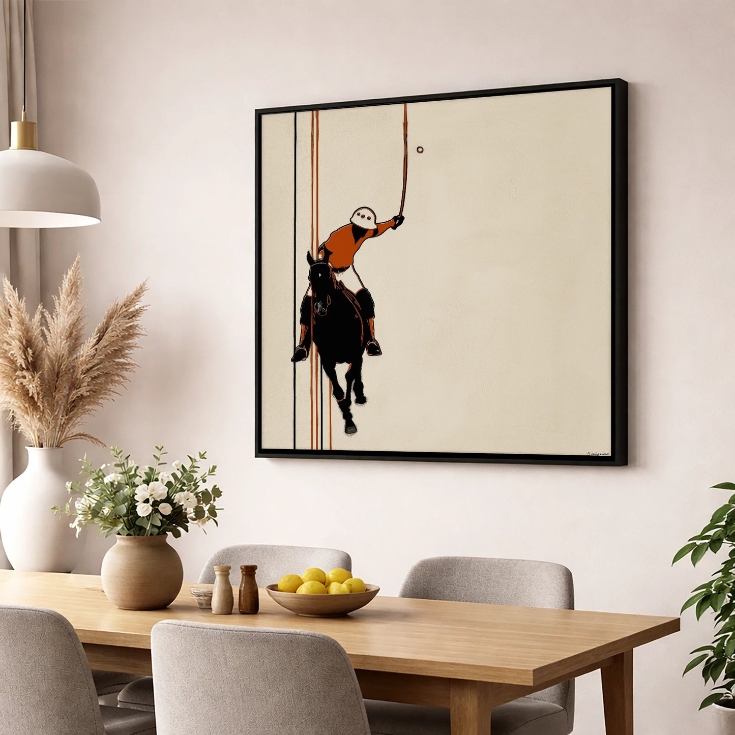 The Perfect Strike polo horse wall art displayed in a dining room