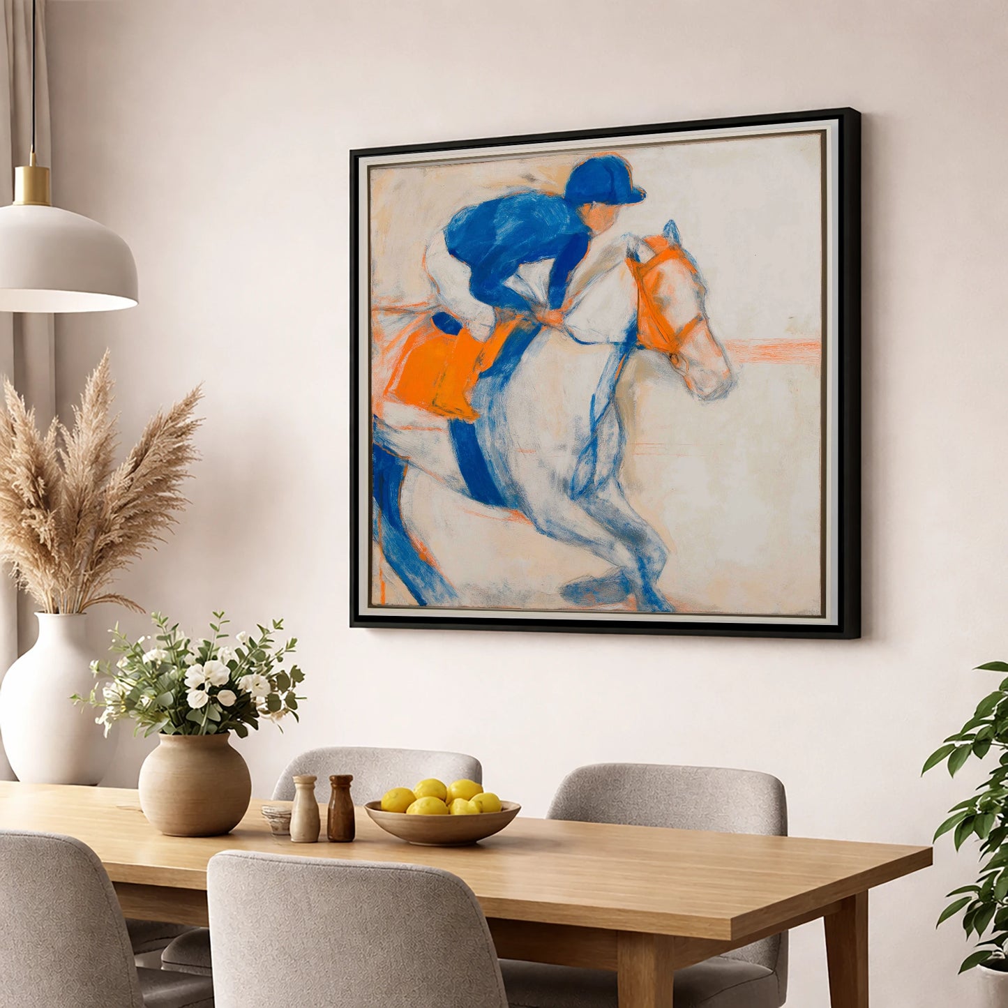 Bold Ultramarine Gallop racing horse wall art displayed in a dining room