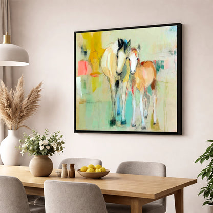 Gentle Nurture mare & foal wall art displayed in a dining room
