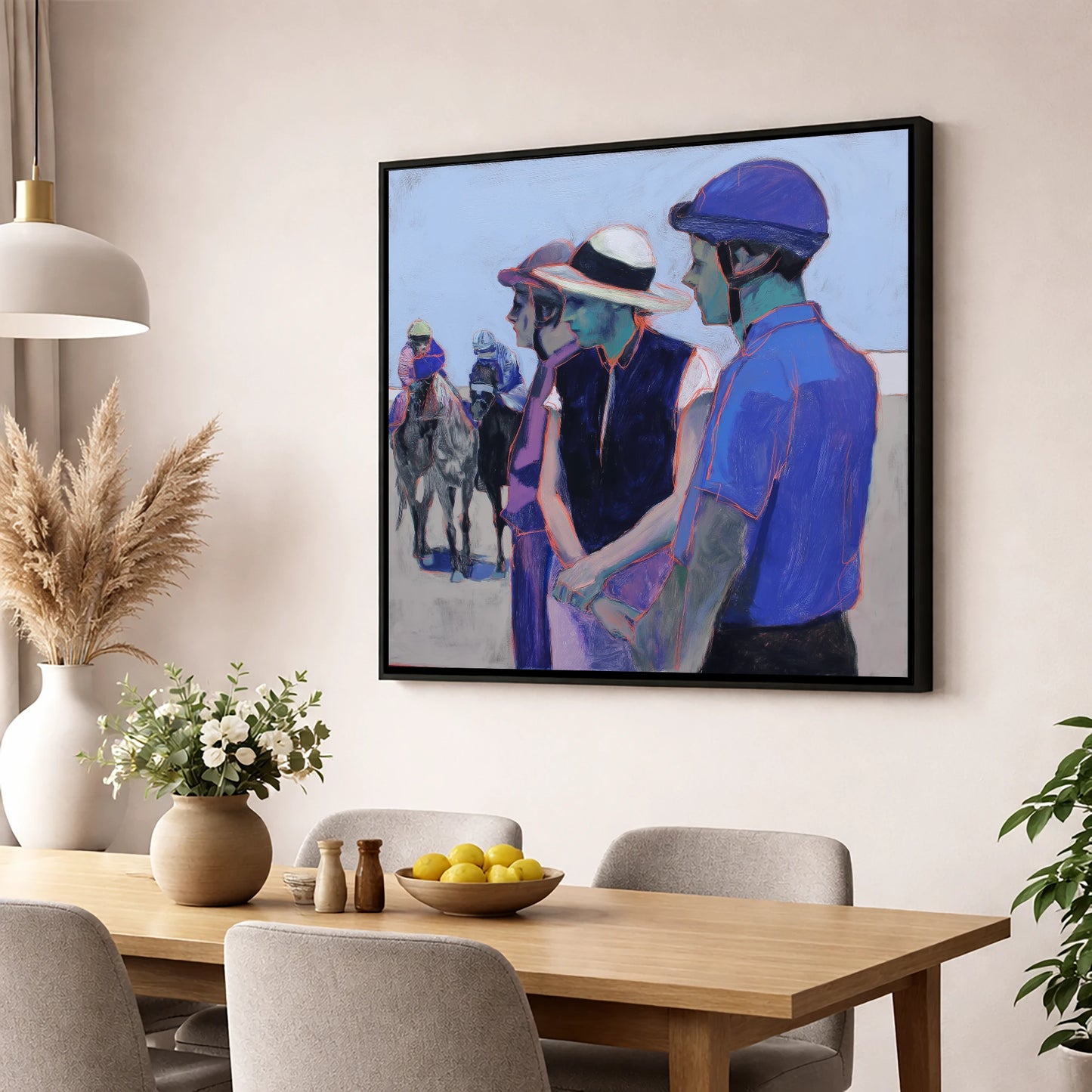 The Paddock Watch racing horse wall art displayed in a dining room