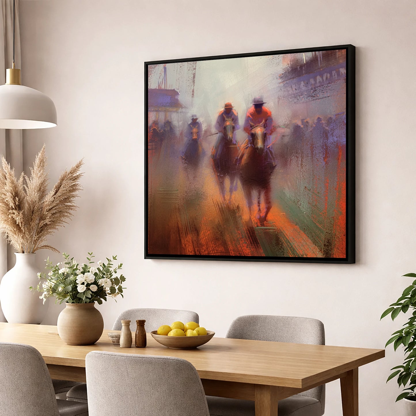 Out of the Haze racing horse wall art displayed in a dining room
