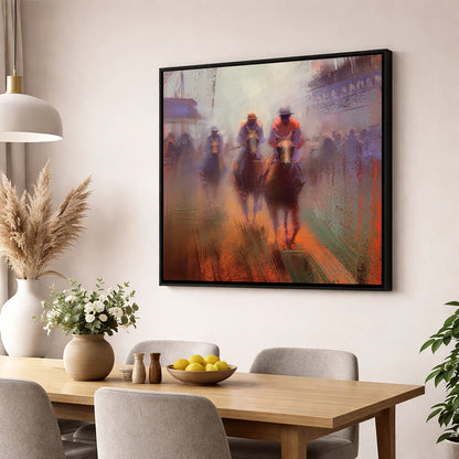 Out of the Haze racing horse wall art displayed in a dining room