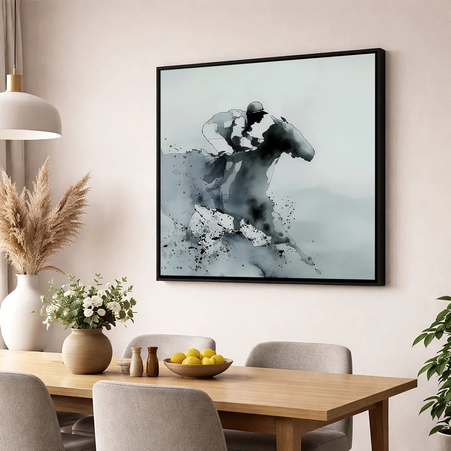 Shadows of the Track racing horse wall art displayed in a dining room