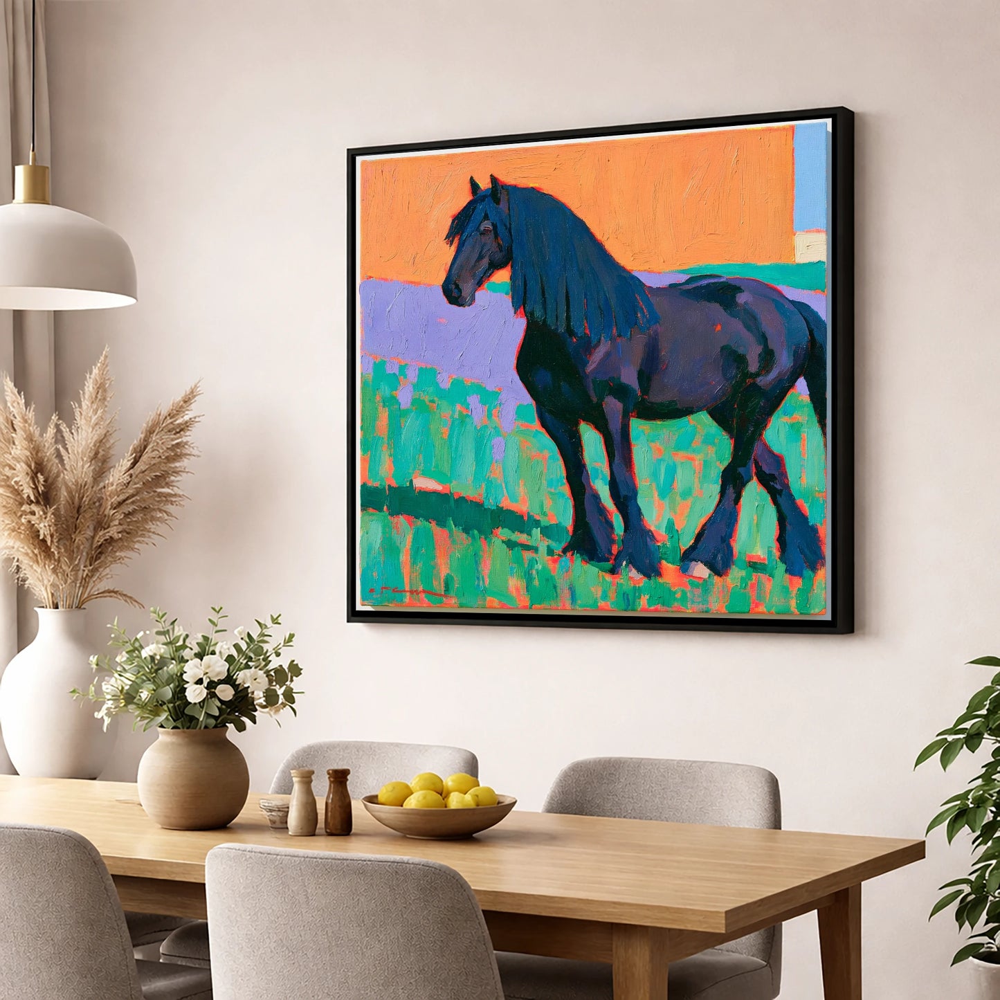 Friesian Horse in Vivid Colour horse breed wall art displayed in a dining room