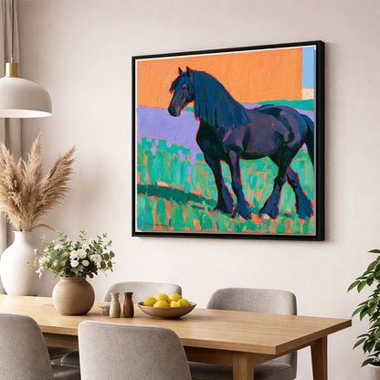 Friesian Horse in Vivid Colour horse breed wall art displayed in a dining room