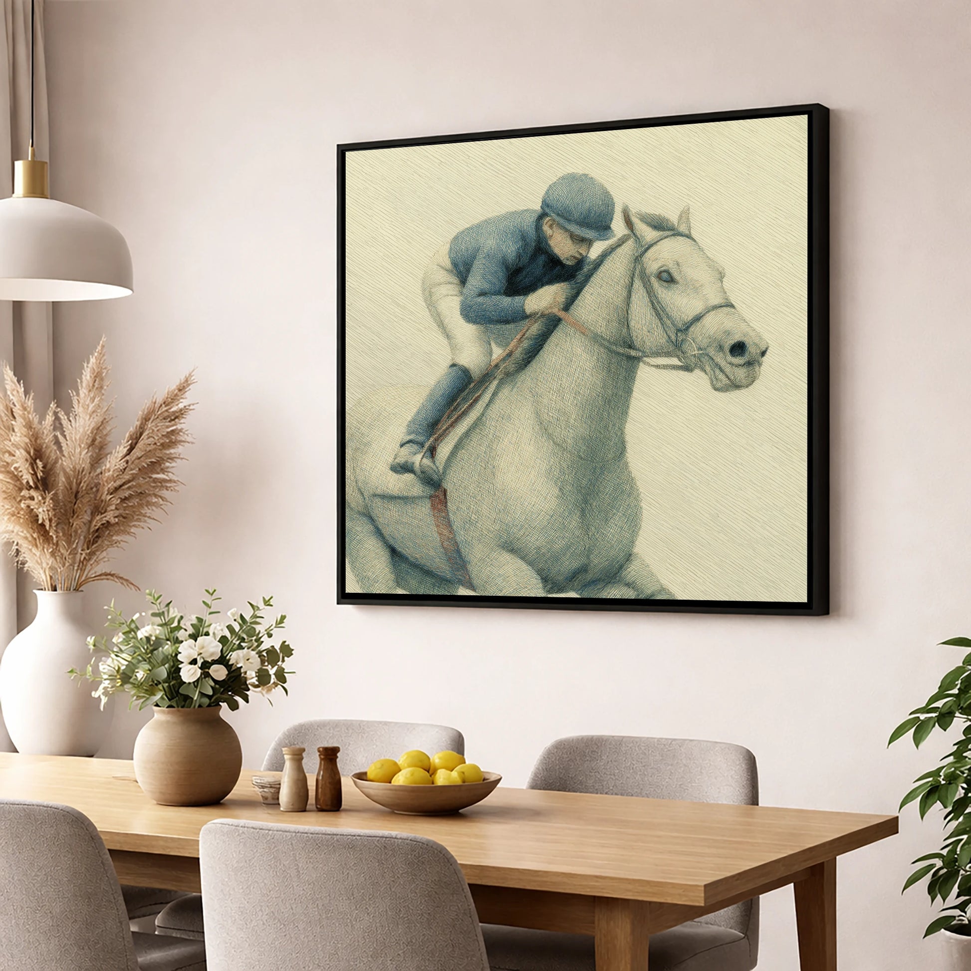 The Blue Silks racing horse wall art displayed in a dining room