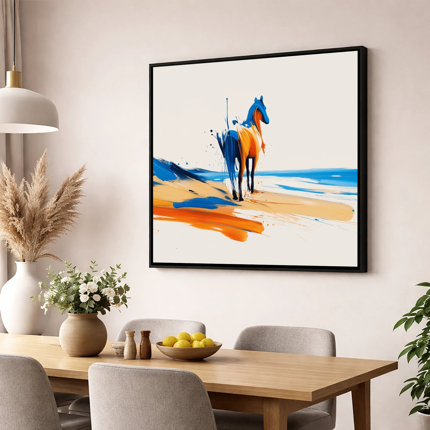 Azure Shoreline Spirit horse landscape wall art displayed in a dining room