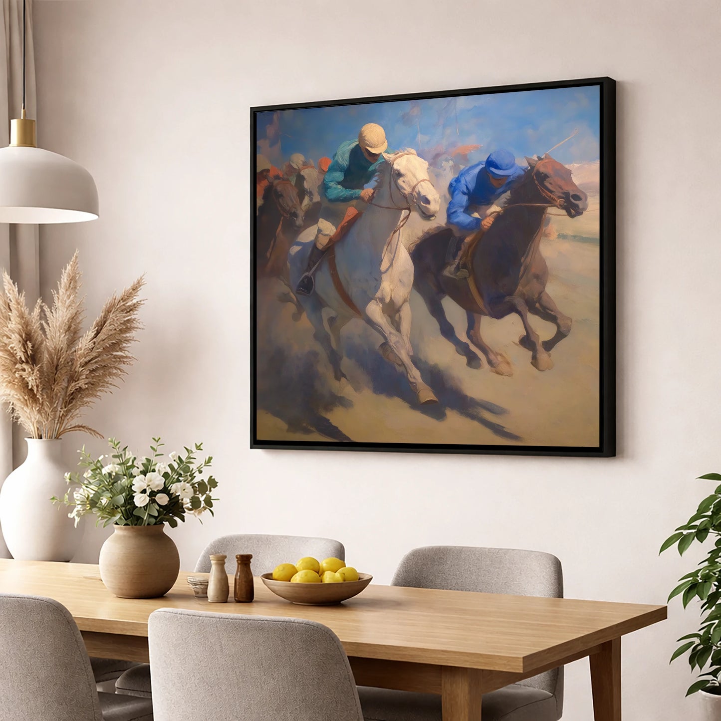 The Final Furlong racing horse wall art displayed in a dining room
