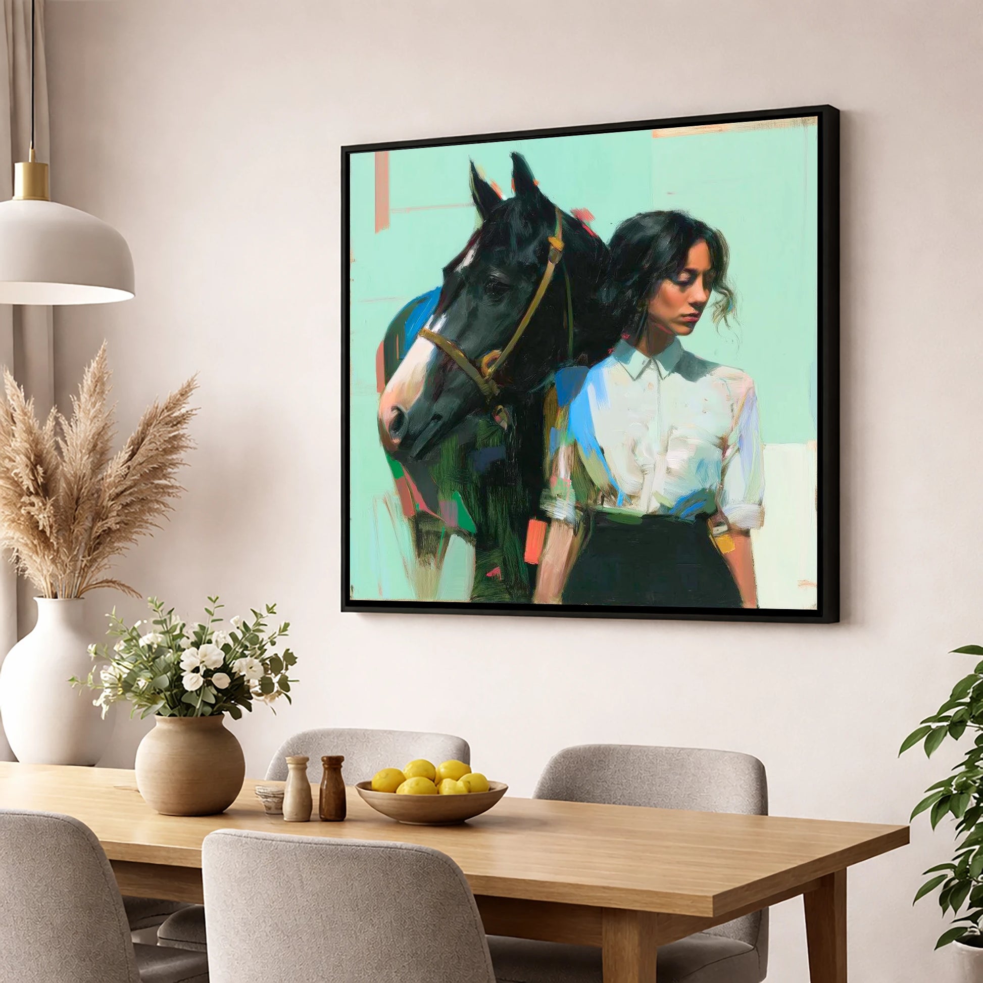 The Shared Silence horse & rider wall art displayed in a dining room
