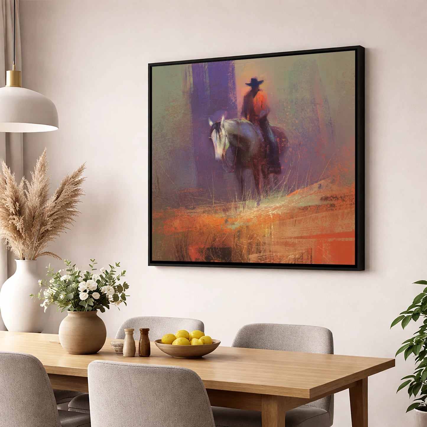 The Solitary Rider western horse wall art displayed in a dining room