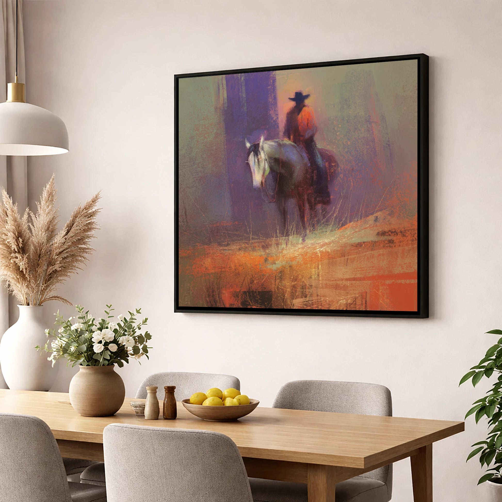 The Solitary Rider western horse wall art displayed in a dining room