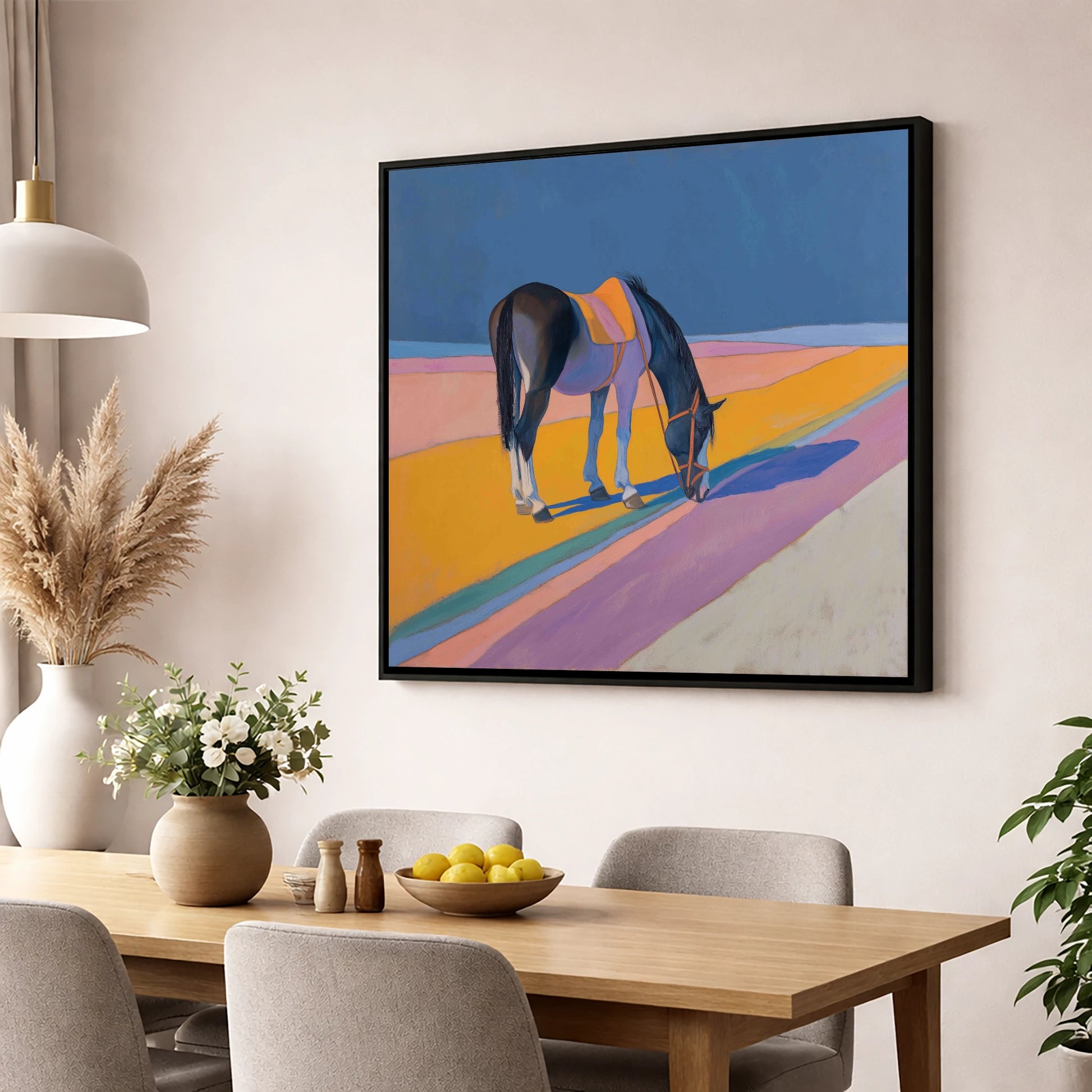 The Golden Hour Grazing working horse wall art displayed in a dining room