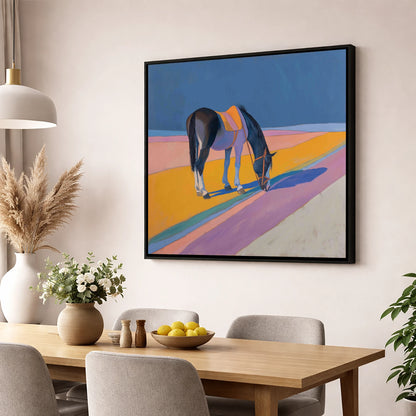 The Golden Hour Grazing working horse wall art displayed in a dining room