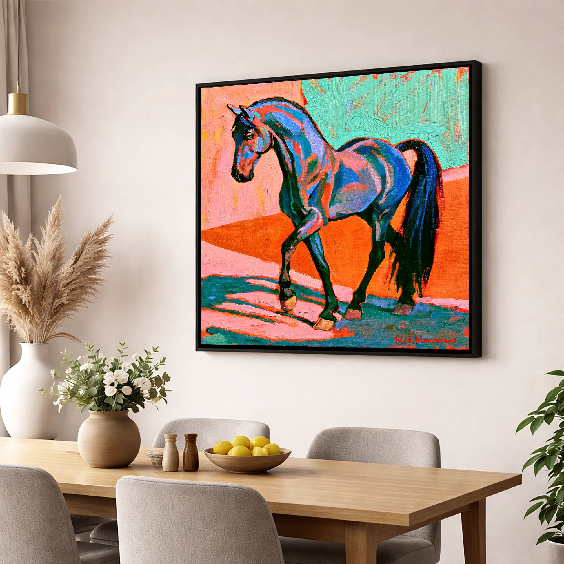 Vibrant Blue Contemporary Horse horse breed wall art displayed in a dining room