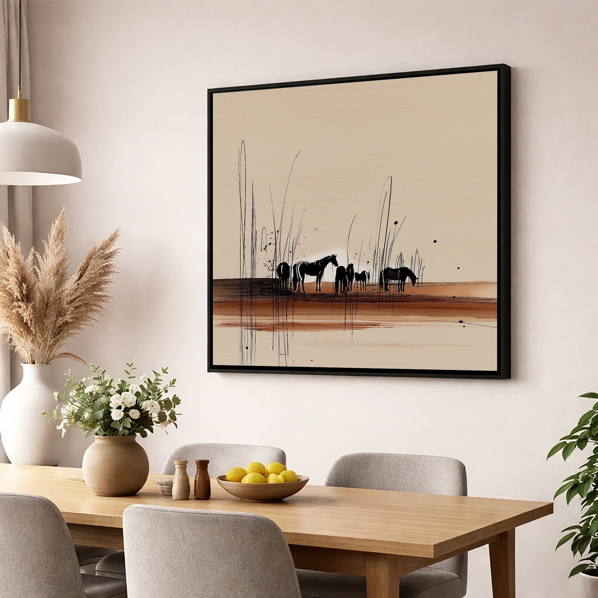 Whispers in the Reeds horse landscape wall art displayed in a dining room