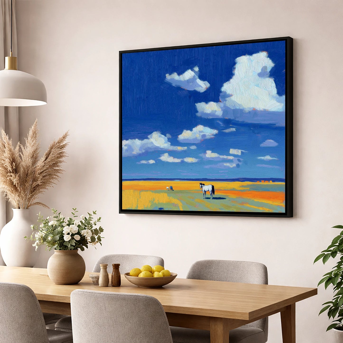Beneath the Ultramarine Sky horse landscape wall art displayed in a dining room