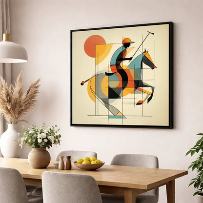 Rhythm of the Chukka polo horse wall art displayed in a dining room