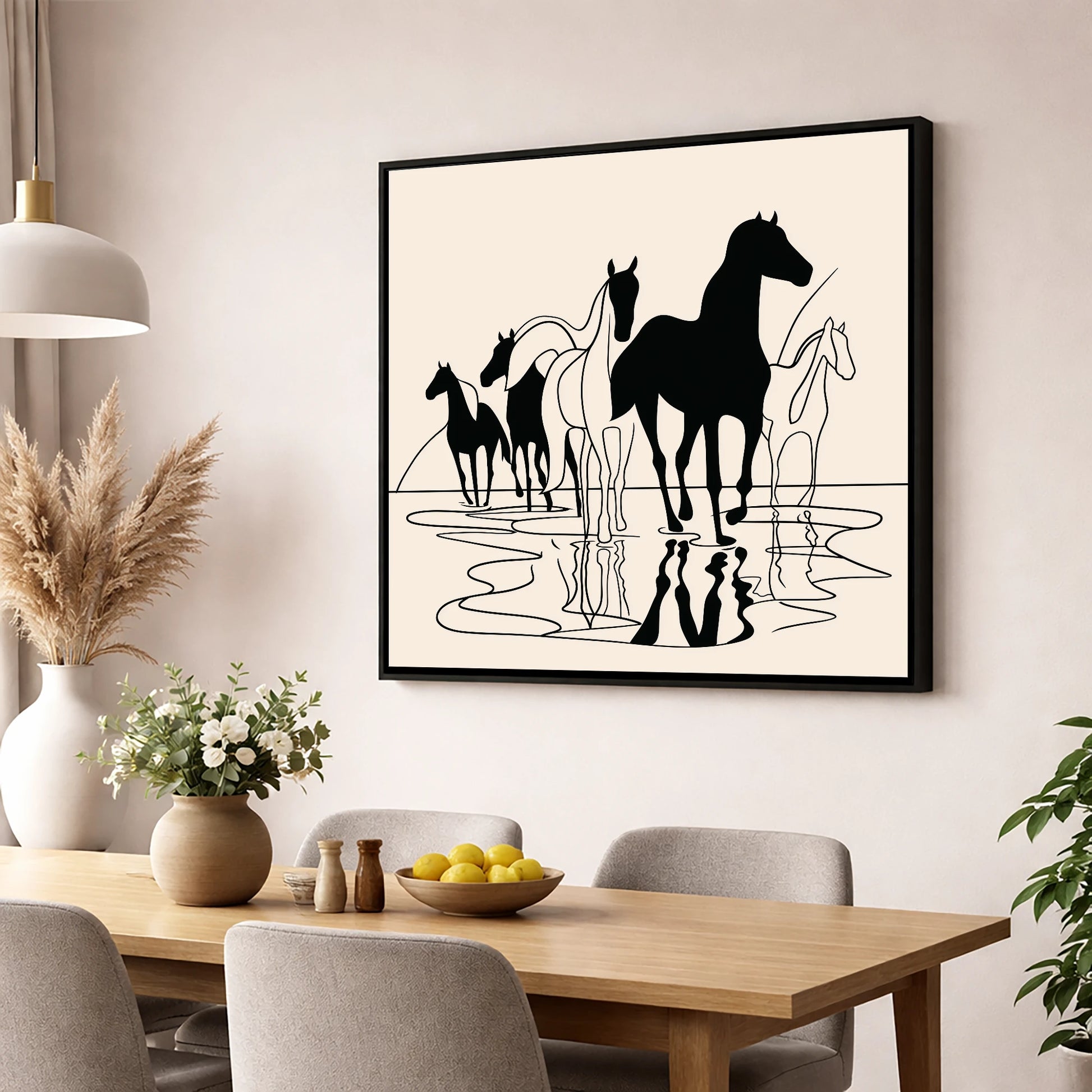 Ink Silhouettes at Water wild horses wall art displayed in a dining room
