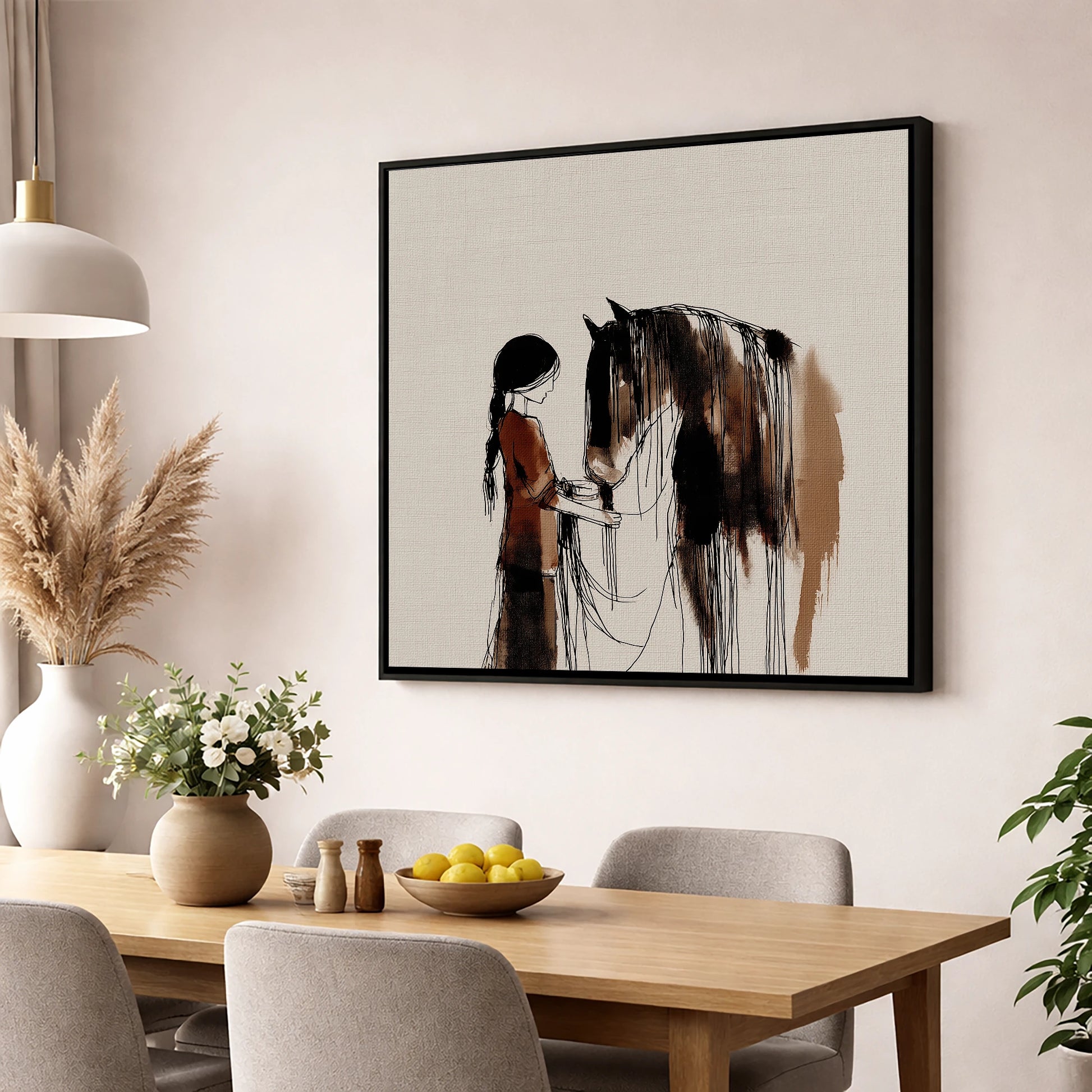 A Quiet Understanding horse & rider wall art displayed in a dining room