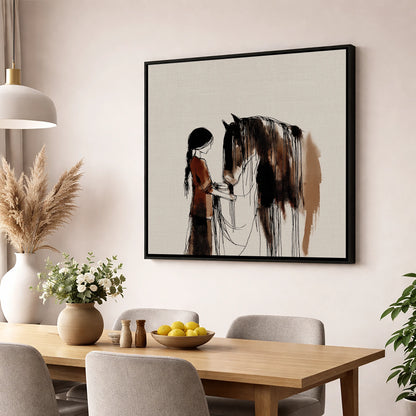 A Quiet Understanding horse & rider wall art displayed in a dining room