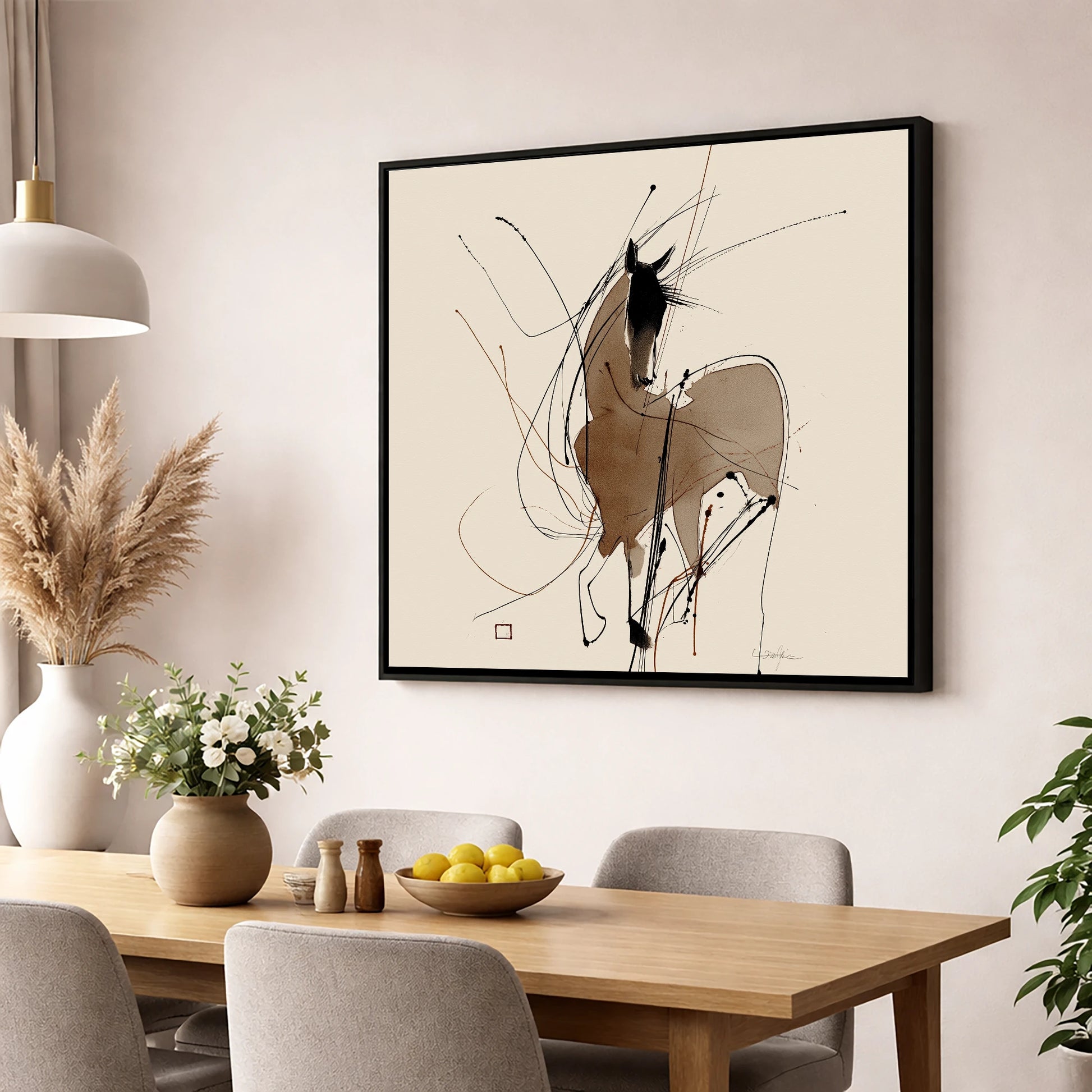 Dynamic Equine Silhouette horse portrait wall art displayed in a dining room