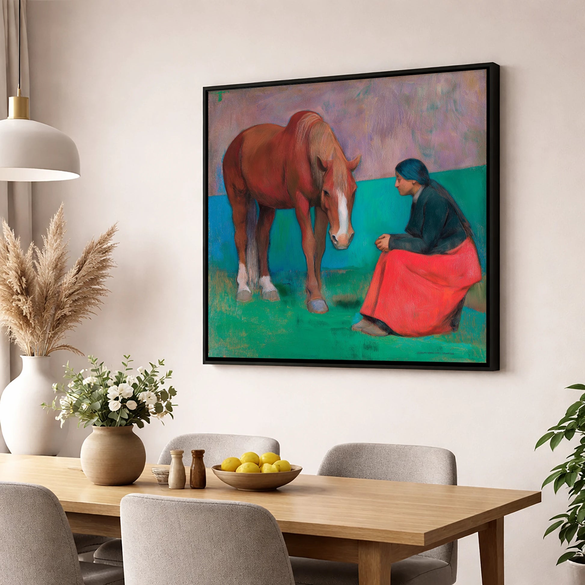 The Silent Dialogue horse & rider wall art displayed in a dining room