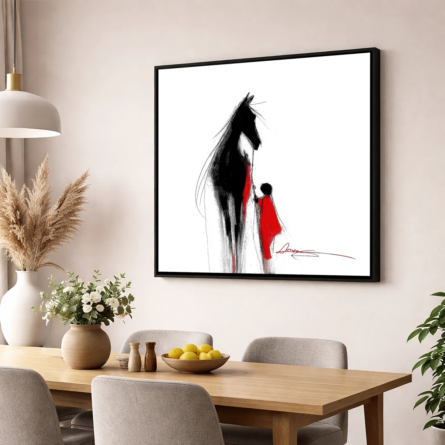 Crimson Connection horse & rider wall art displayed in a dining room