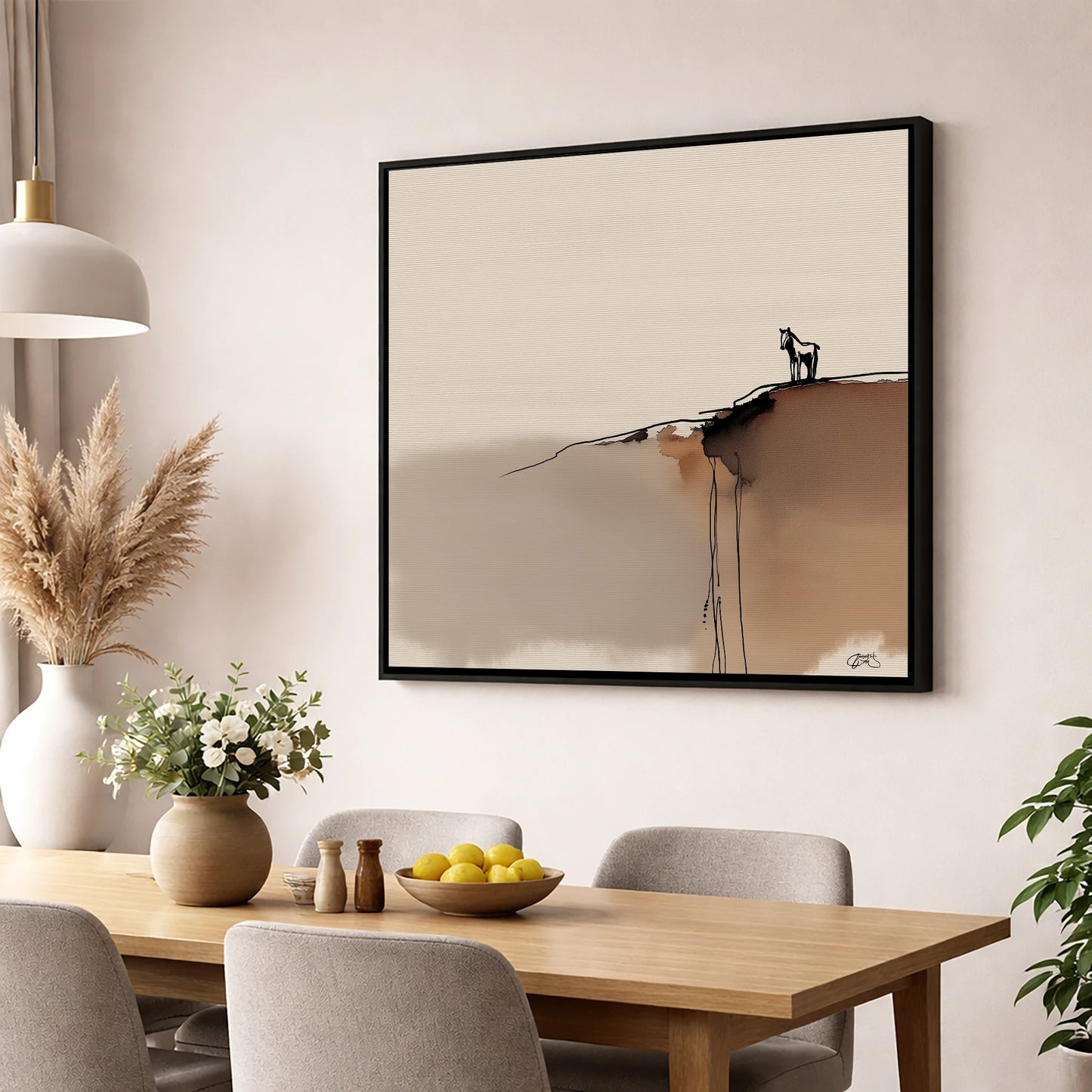 Sentinel on the Edge horse landscape wall art displayed in a dining room