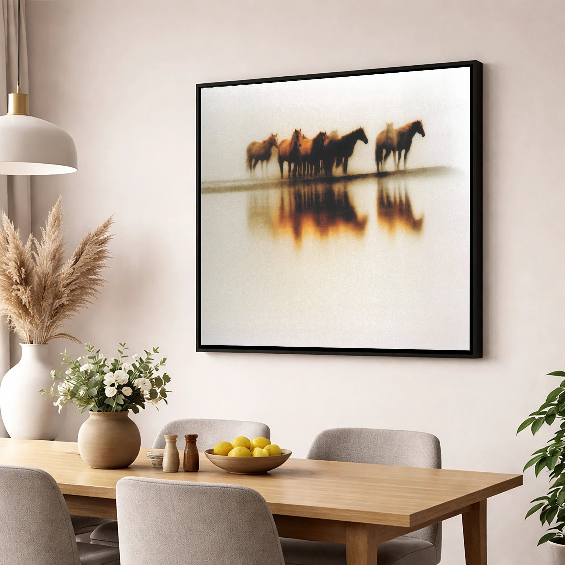 Mirage of the Herd wild horses wall art displayed in a dining room