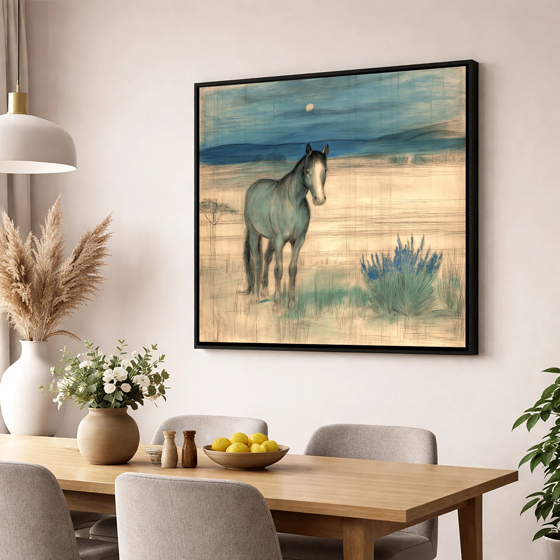 Twilight Moonlit Watch horse landscape wall art displayed in a dining room