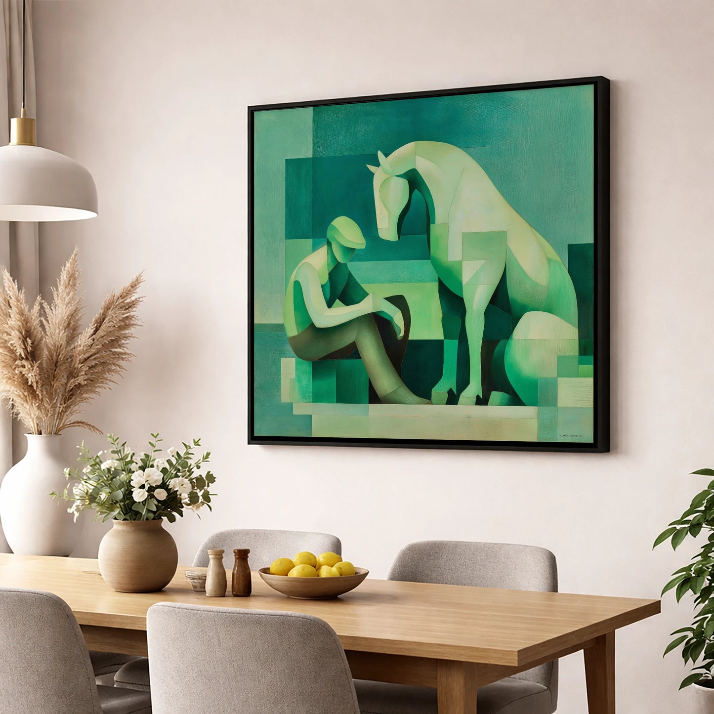 Silent Conversation horse & rider wall art displayed in a dining room