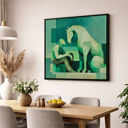 Silent Conversation horse & rider wall art displayed in a dining room