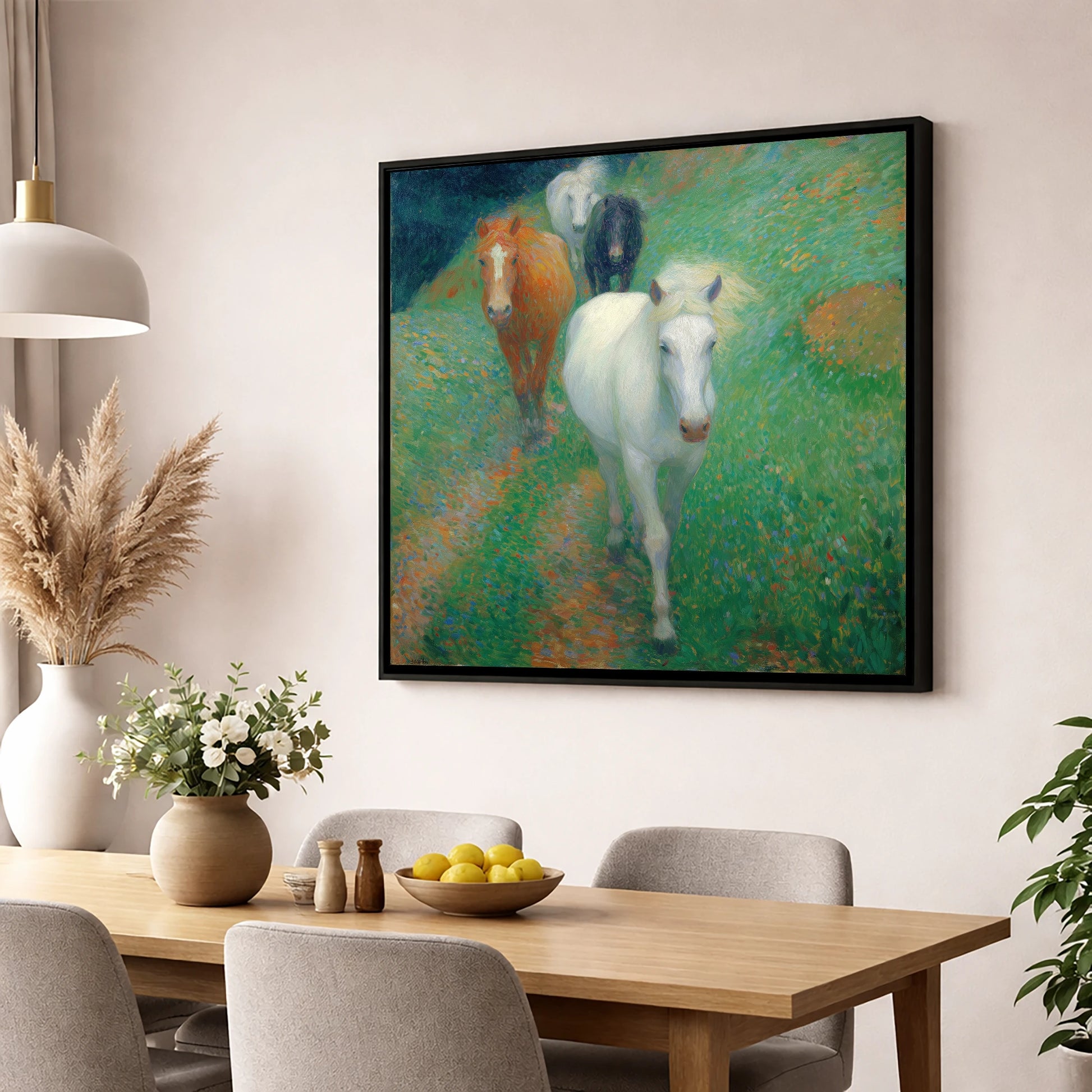 Vibrant Summer Herd horse landscape wall art displayed in a dining room