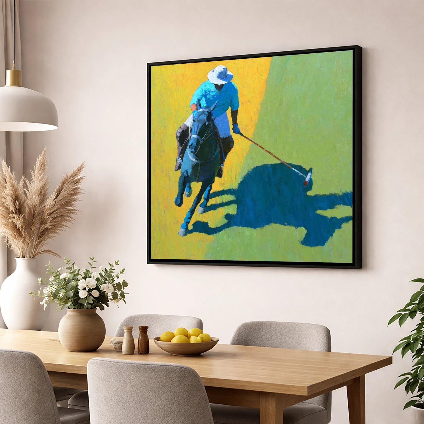 High Goal Sunlight polo horse wall art displayed in a dining room