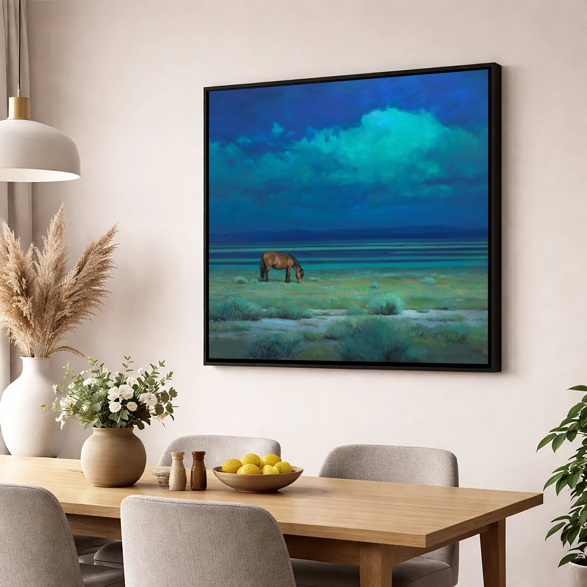 Midnight Solitude horse landscape wall art displayed in a dining room