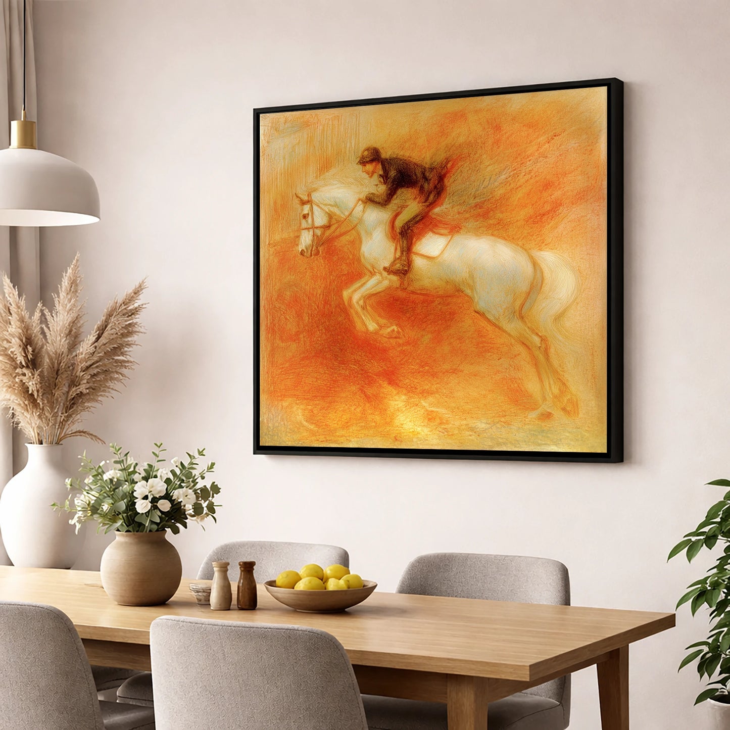 Terracotta Flight show jumping horse wall art displayed in a dining room