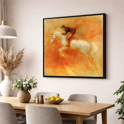 Terracotta Flight show jumping horse wall art displayed in a dining room