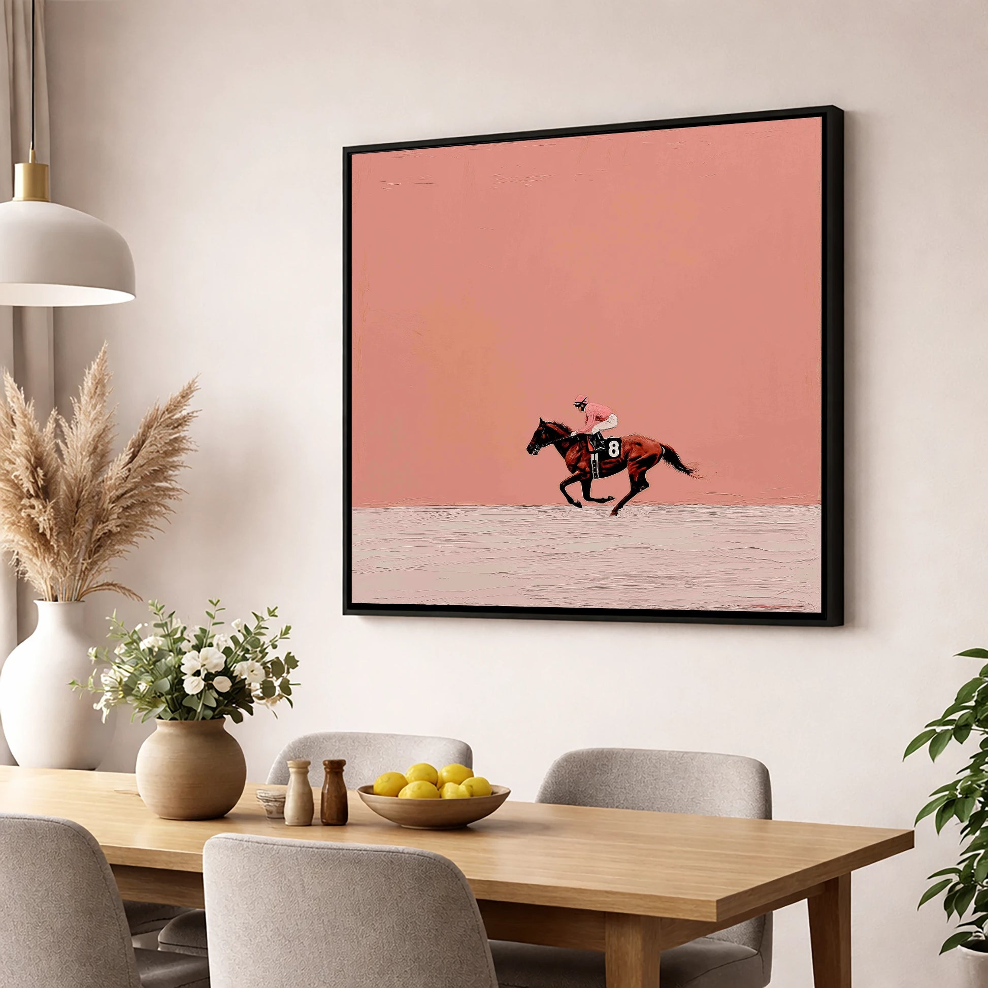 Dusty Rose Racing racing horse wall art displayed in a dining room