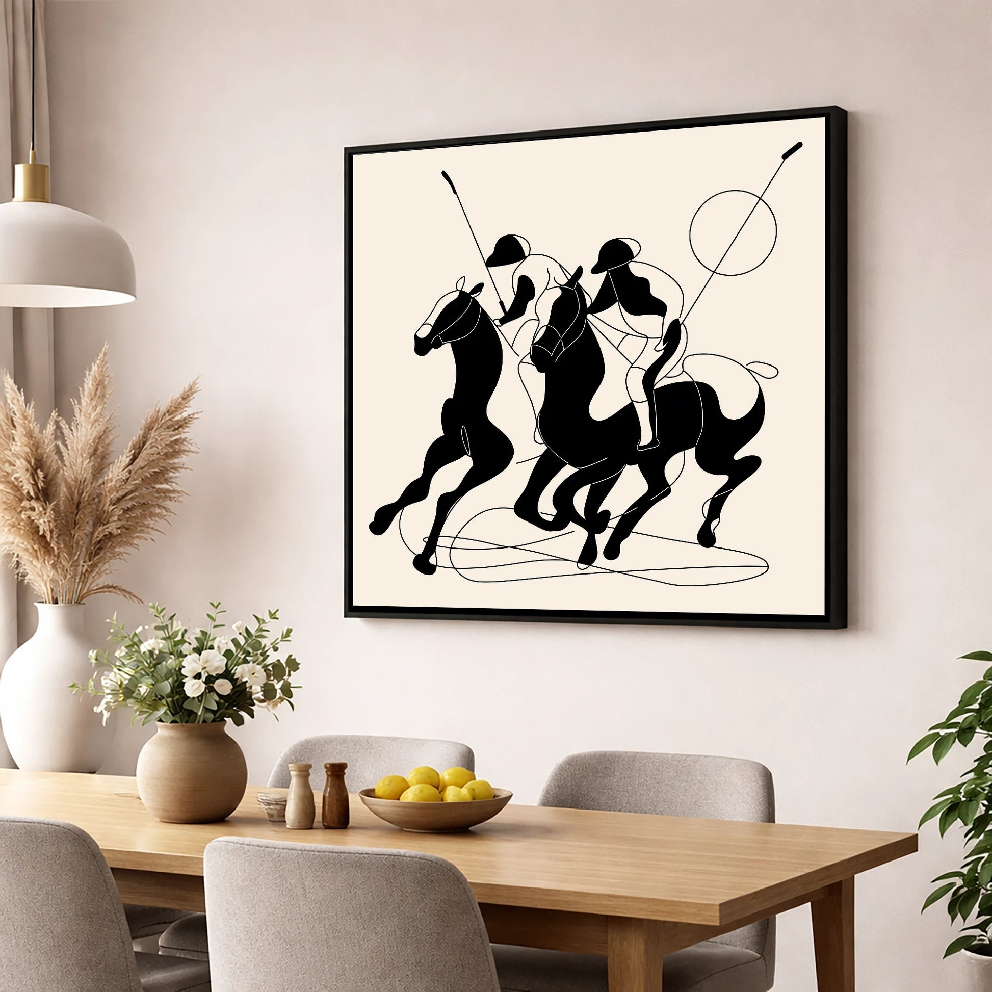 High Goal Dynamics polo horse wall art displayed in a dining room