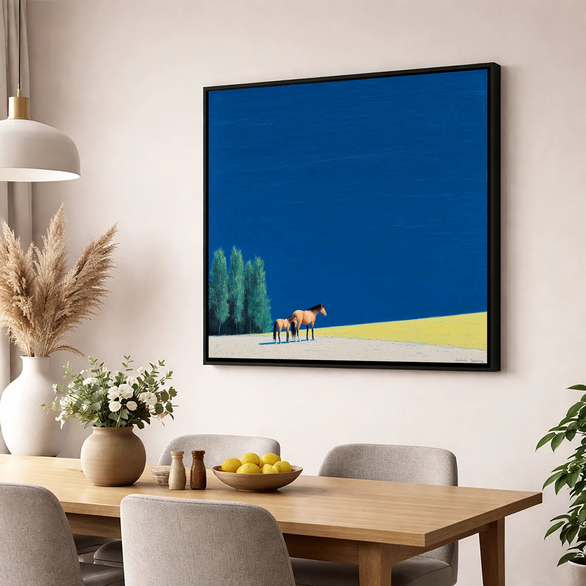 Under an Azure Sky horse landscape wall art displayed in a dining room