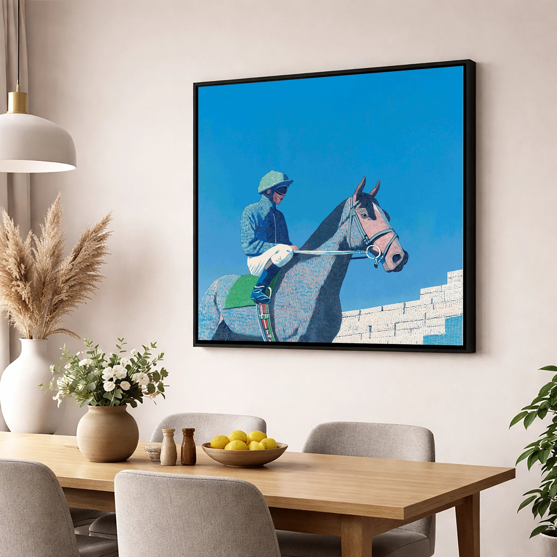 Quiet Anticipation racing horse wall art displayed in a dining room