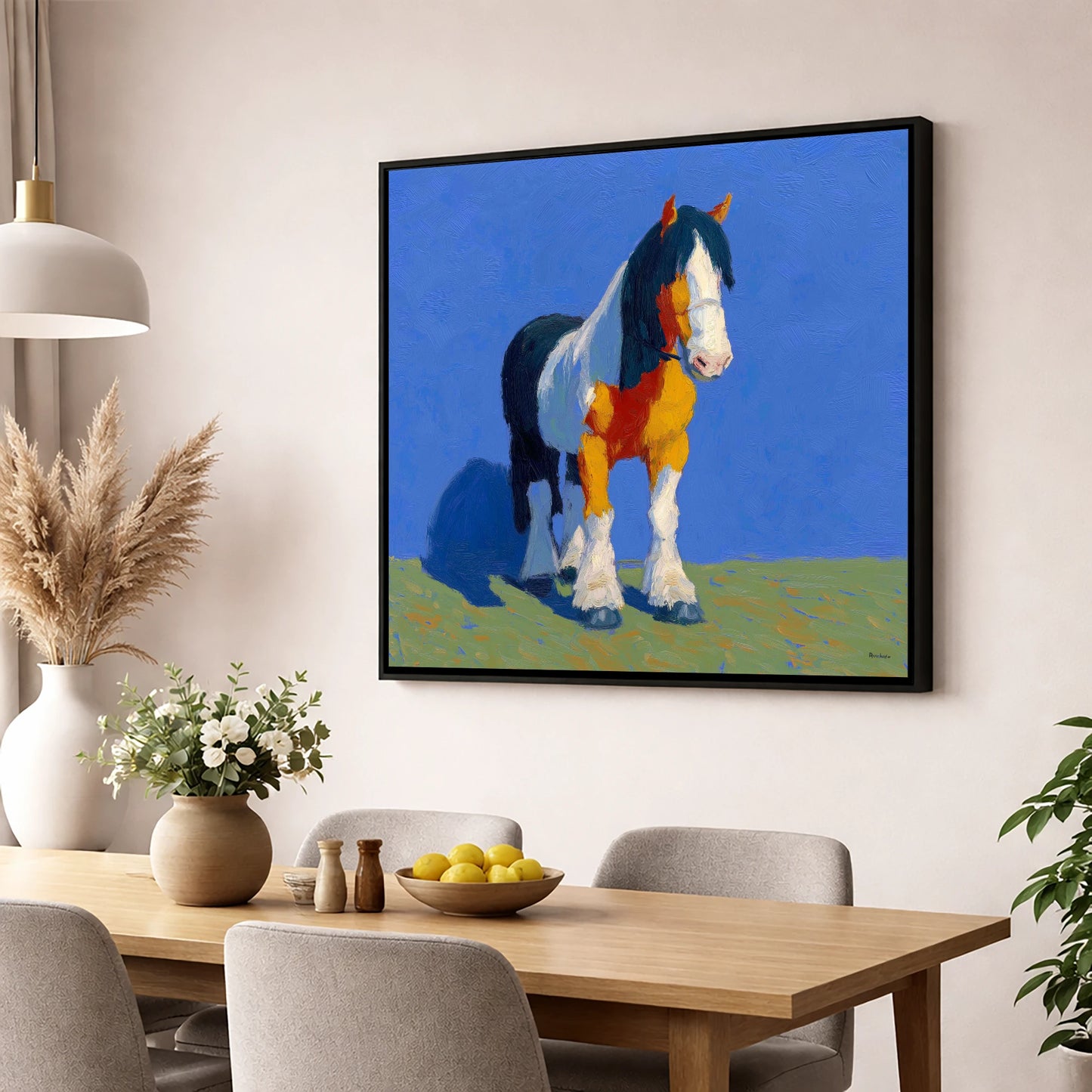 Sunlit Coloured Cob horse breed wall art displayed in a dining room